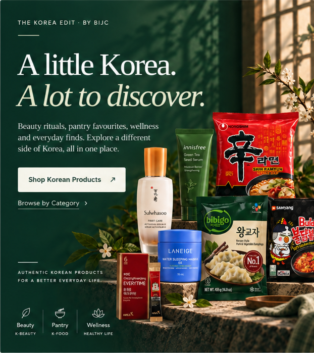 Korean beauty, food and wellness products arranged in a green editorial scene.
